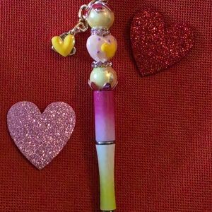 Gradient Pink and Green Beaded Pen With Dangling Charm